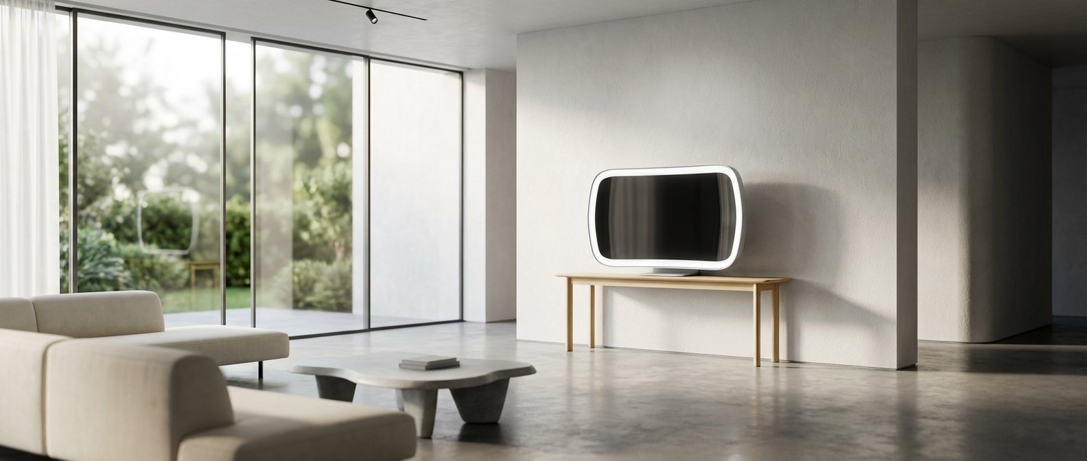 Salón moderno y minimalista con grandes ventanales que dan a un jardín. Se observa un sofá modular claro, una mesa de centro de hormigón con libros y un televisor de diseño retro iluminado sobre una consola de madera, todo en un espacio con suelo de hormigón pulido.