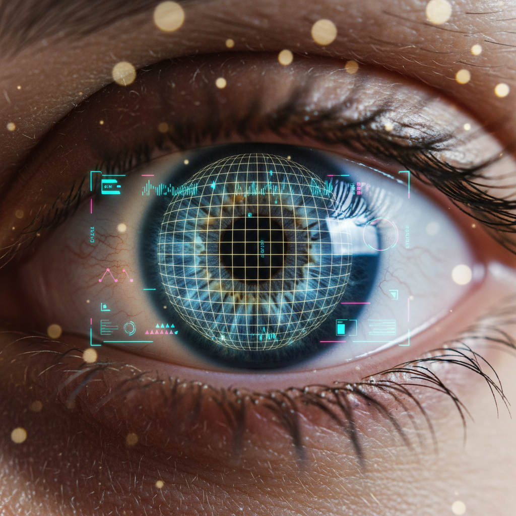 Primer plano de un ojo humano con el iris superpuesto por una cuadrícula digital esférica azul y elementos de interfaz de usuario holográficos que muestran datos, simulando biometría o realidad aumentada.