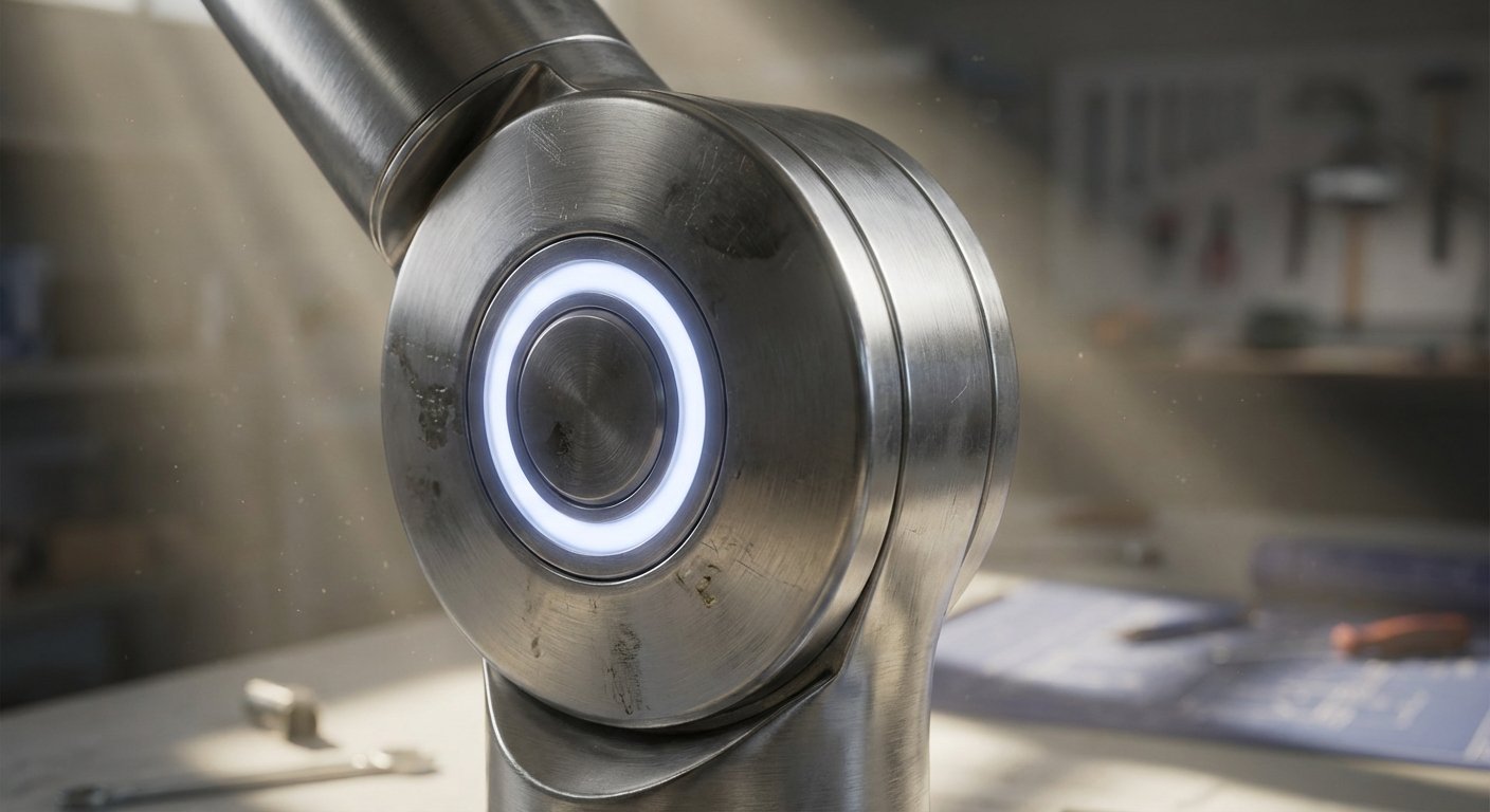 Primer plano de una articulación metálica de brazo robótico con una luz circular azul brillante en el centro. El metal cepillado muestra desgaste. El fondo desenfocado sugiere un taller con herramientas y planos, con partículas de polvo visibles en la luz.