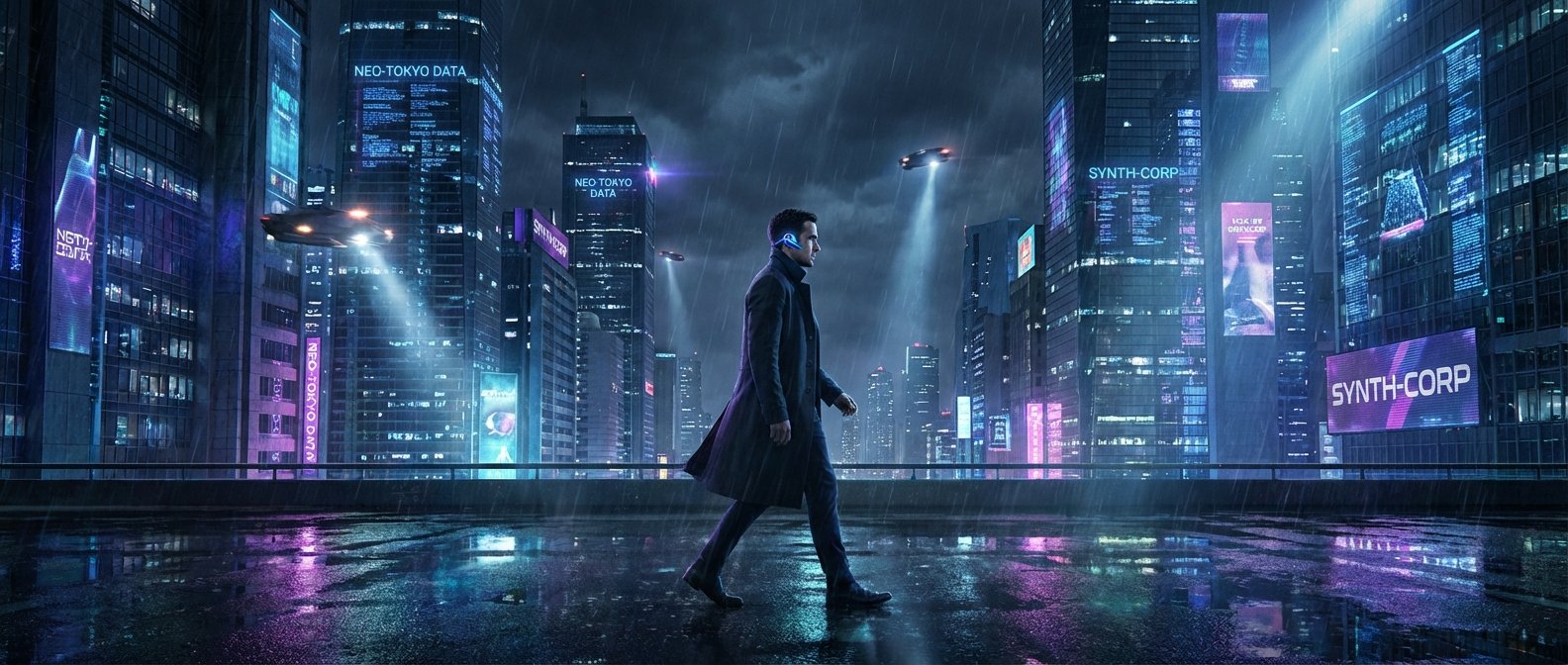 Un hombre con gabardina y un audífono azul brillante camina bajo la lluvia en una ciudad futurista nocturna. El paisaje urbano está dominado por rascacielos altos con grandes pantallas de neón azules y moradas que muestran texto como 