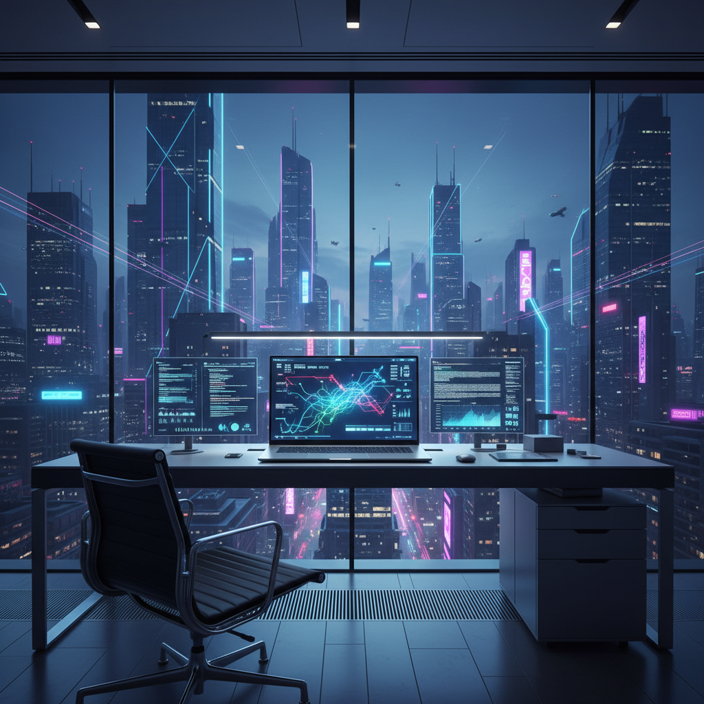 Oficina moderna con un escritorio y silla de oficina frente a una gran ventana que ofrece vistas a una ciudad futurista de noche, con rascacielos iluminados por neones azules y rosas. En el escritorio hay un portátil y monitores mostrando datos y gráficos.