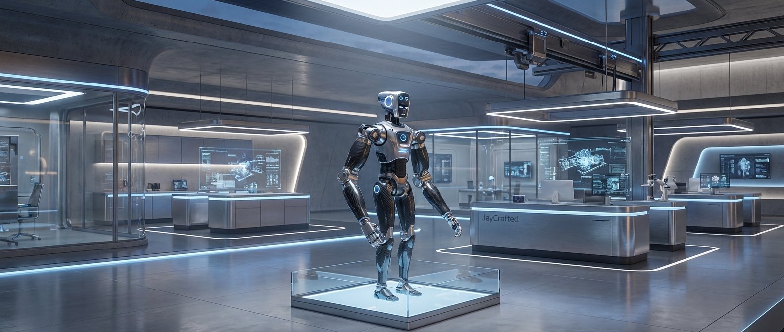 Un robot humanoide plateado y negro con detalles azules se exhibe en un laboratorio o showroom futurista con paredes de hormigón, mobiliario metálico, vitrinas y pantallas transparentes que muestran esquemas técnicos. Hay iluminación LED azul y el nombre 