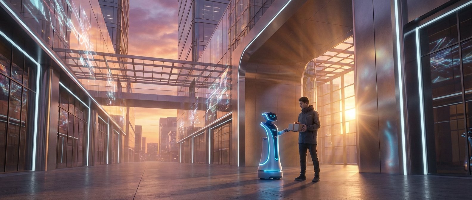 Un hombre recibe un paquete de un robot de reparto autónomo en una plaza urbana con edificios modernos de cristal y luces de neón bajo un cielo al atardecer.