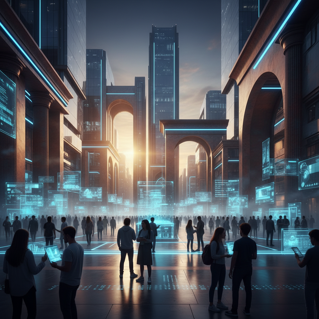 Una concurrida plaza en una ciudad futurista al atardecer, donde personas interactúan con pantallas holográficas flotantes y tabletas digitales. Edificios altos y arcos adornados con luces de neón azules dominan el paisaje, con datos y gráficos azules cubriendo el ambiente.