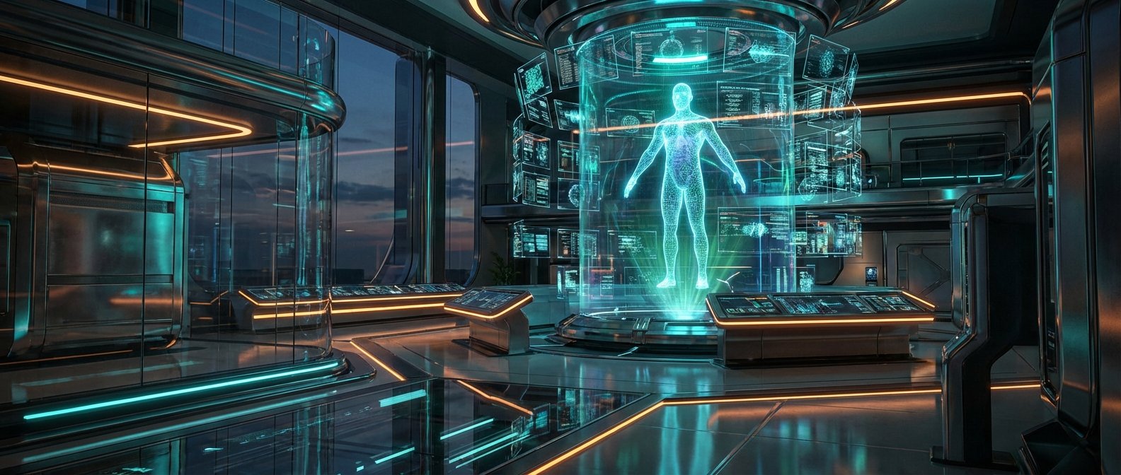 Laboratorio futurista de alta tecnología con una proyección holográfica de un cuerpo humano rodeado de pantallas de datos médicas. El espacio presenta paredes de cristal, luces de neón naranjas y cian, y mobiliario metálico con superficies reflectantes.