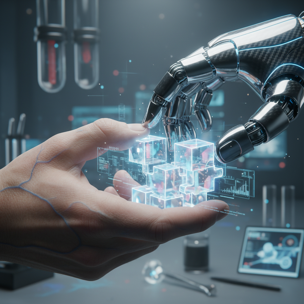 Una mano humana y una mano robótica interactúan con cubos de datos holográficos brillantes en un laboratorio de alta tecnología.
