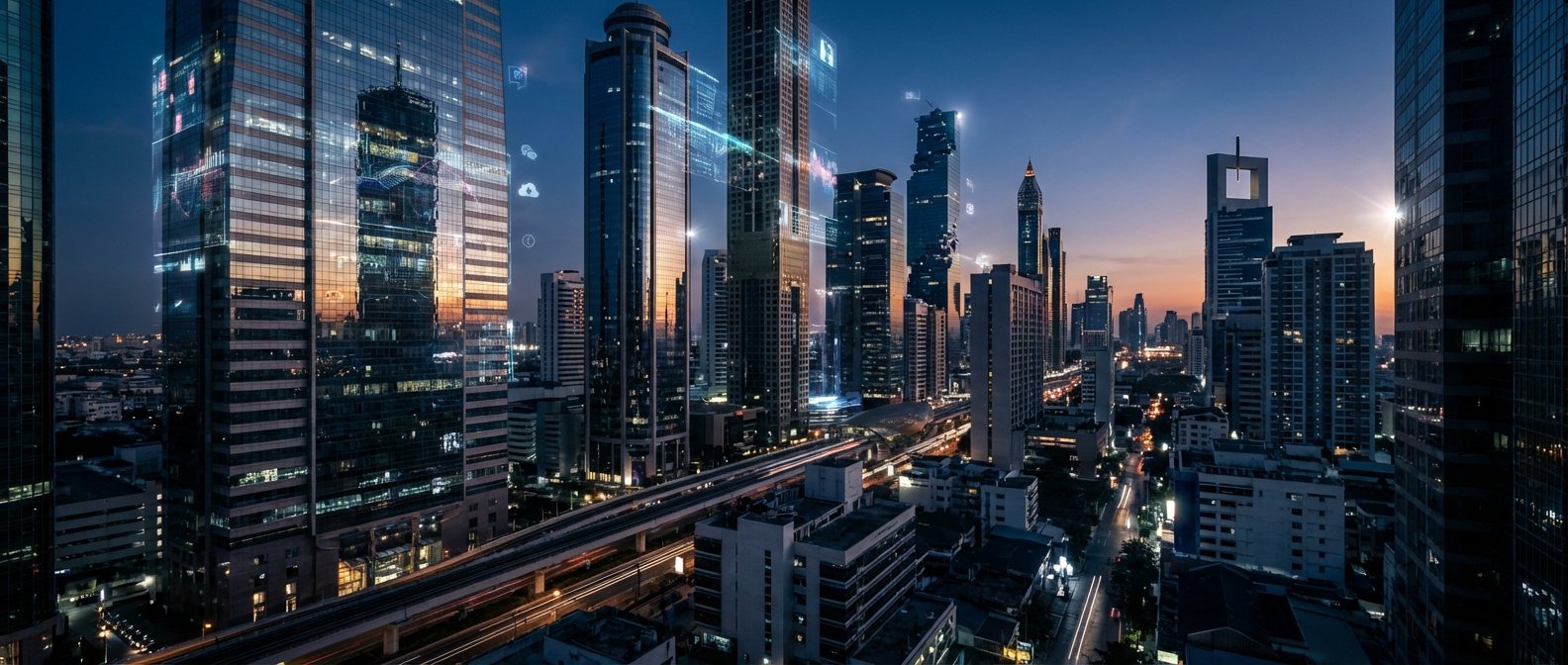 Panorámica de una ciudad con rascacielos de cristal al anochecer. Se observan proyecciones digitales sobre algunos edificios, mostrando gráficos de datos, líneas de conexión e iconos de nube y perfiles. En la parte inferior, hay un viaducto de tren elevado con estelas de luz de vehículos y calles urbanas iluminadas.