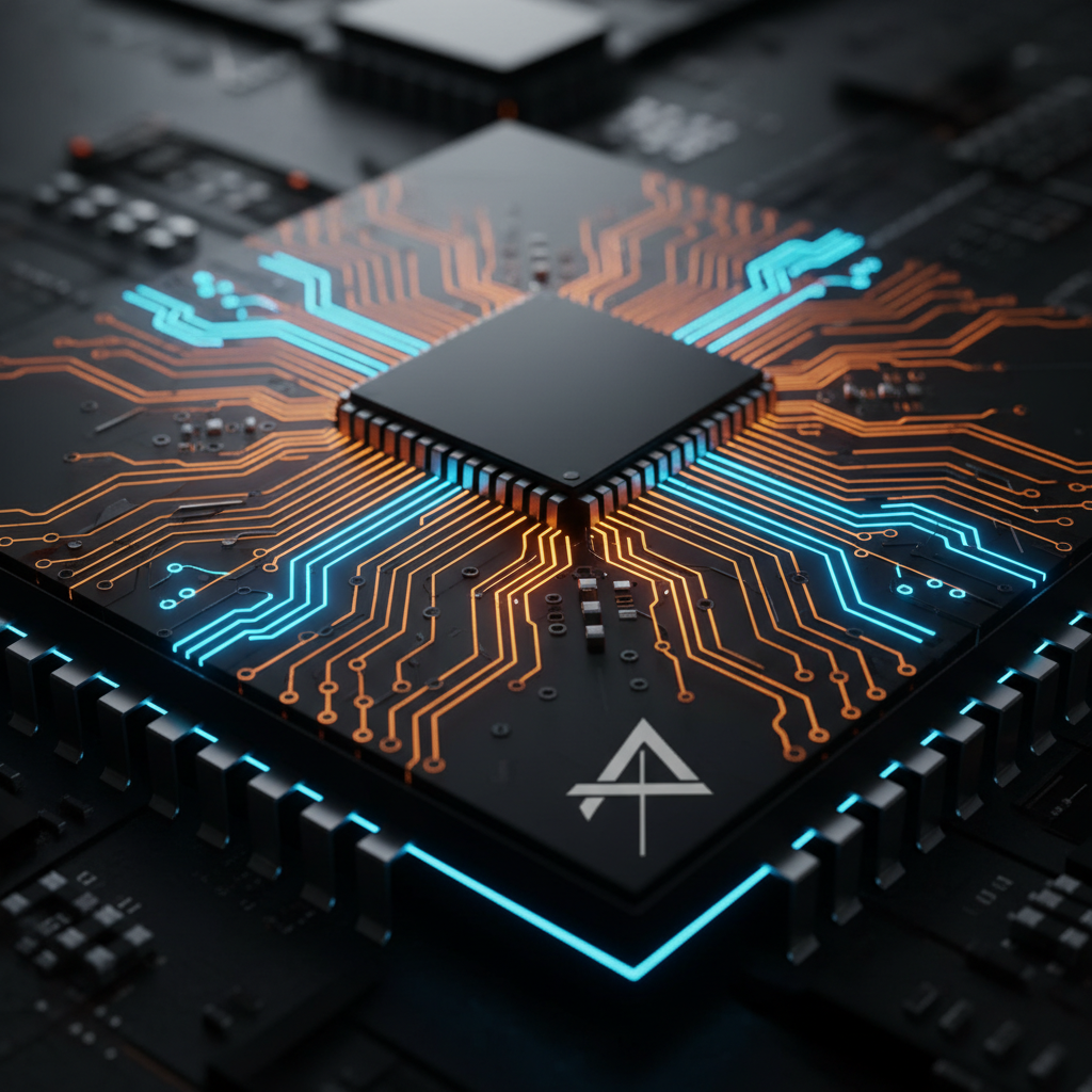 Primer plano de un microchip procesador negro montado en una placa de circuito impreso oscura, destacando trazas luminosas en naranja y azul que simulan el flujo de datos y un logotipo estilizado.