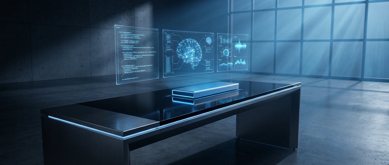 Escritorio moderno y oscuro con detalles azules brillantes, sobre el cual se proyectan varias pantallas holográficas que muestran código de programación, un diagrama de cerebro conectado y gráficos de datos. La sala tiene paredes de concreto y grandes ventanales por donde entra luz.