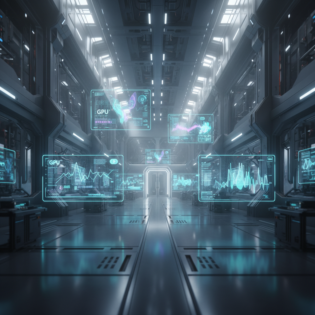 Una sala de servidores futurista o centro de datos con múltiples pantallas holográficas translúcidas que muestran gráficos de datos, monitoreo de GPU y estadísticas de rendimiento en tonos azules y rosas, en un entorno metálico y bien iluminado.