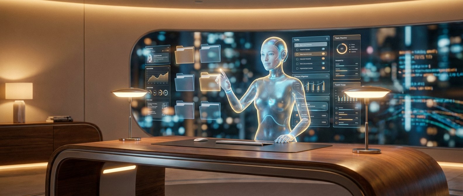 Asistente de IA holográfico translúcido interactuando con interfaces de usuario flotantes que muestran carpetas, gráficos y datos, en una oficina moderna con un escritorio de madera iluminado y un fondo de ciudad nocturna digital.
