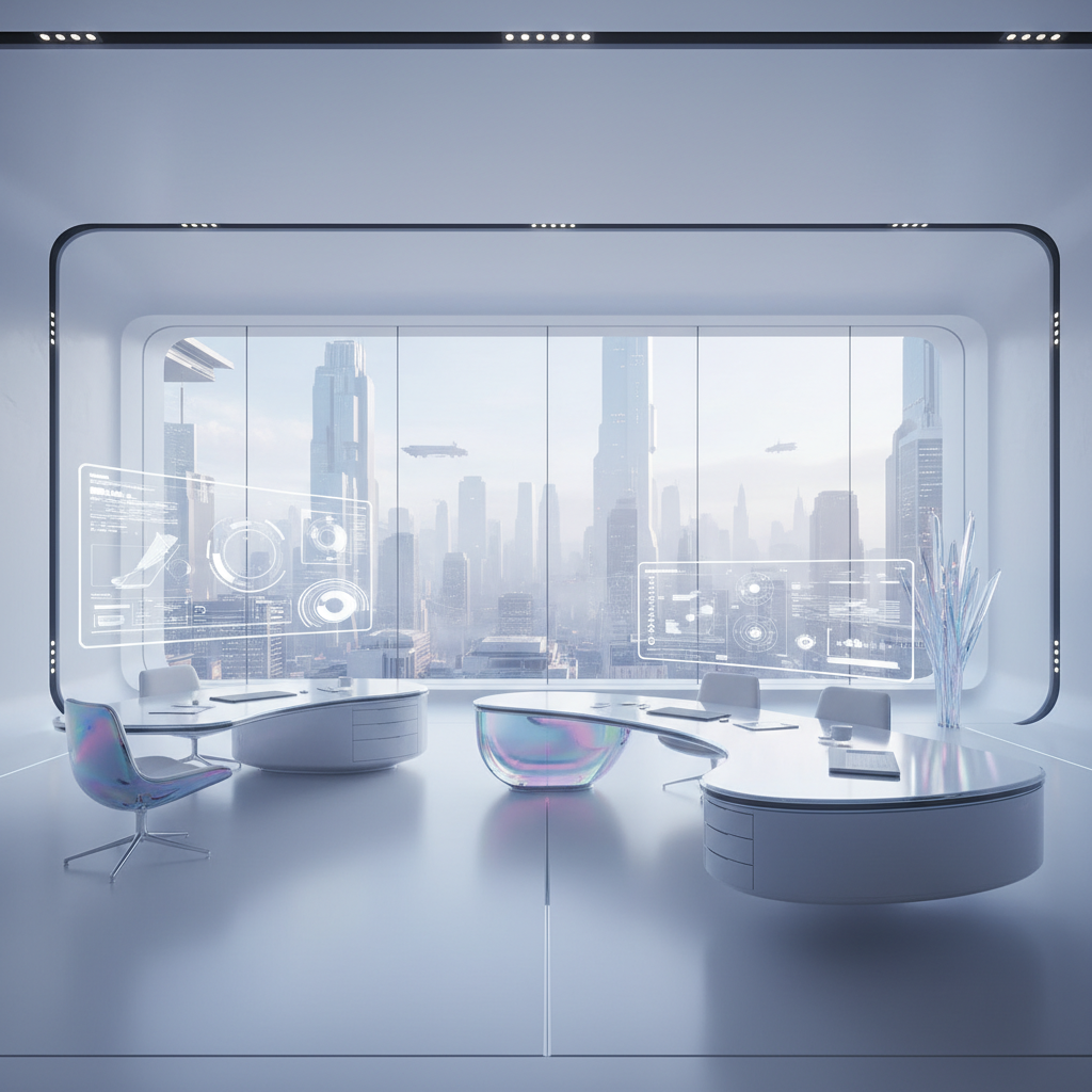 Un espacio de oficina futurista con diseño minimalista, amplios ventanales y vistas a una ciudad del futuro con rascacielos y naves voladoras. El interior presenta escritorios modernos, sillas ergonómicas y pantallas holográficas interactivas con gráficos y datos.
