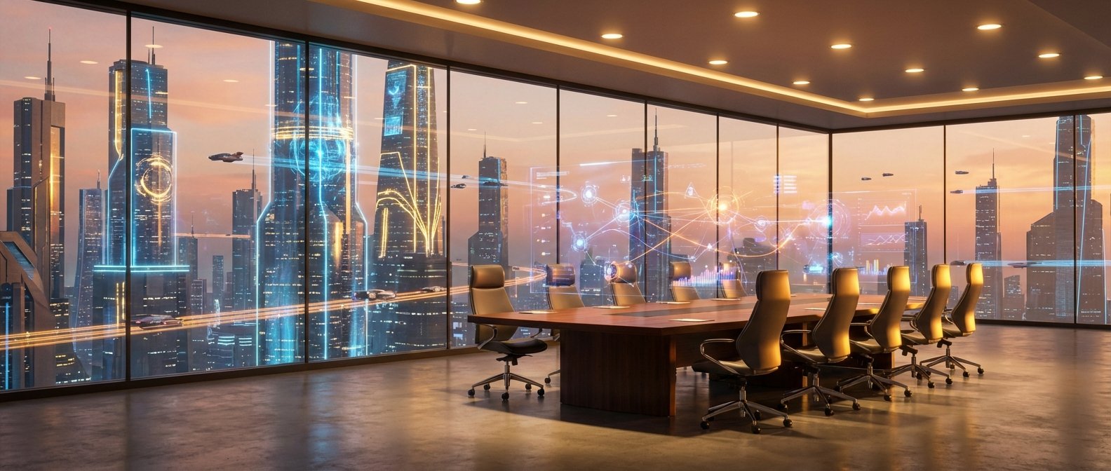 Sala de conferencias moderna con grandes ventanales que ofrecen una vista de una ciudad futurista al atardecer, con rascacielos iluminados, vehículos voladores y proyecciones de datos holográficos en las ventanas, y una larga mesa de madera con sillas de oficina en el interior.