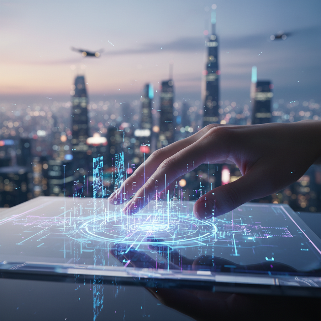 Una mano tocando una tableta con una interfaz digital luminosa y futurista, con el skyline de una ciudad iluminada al anochecer y dos aviones volando en el fondo.