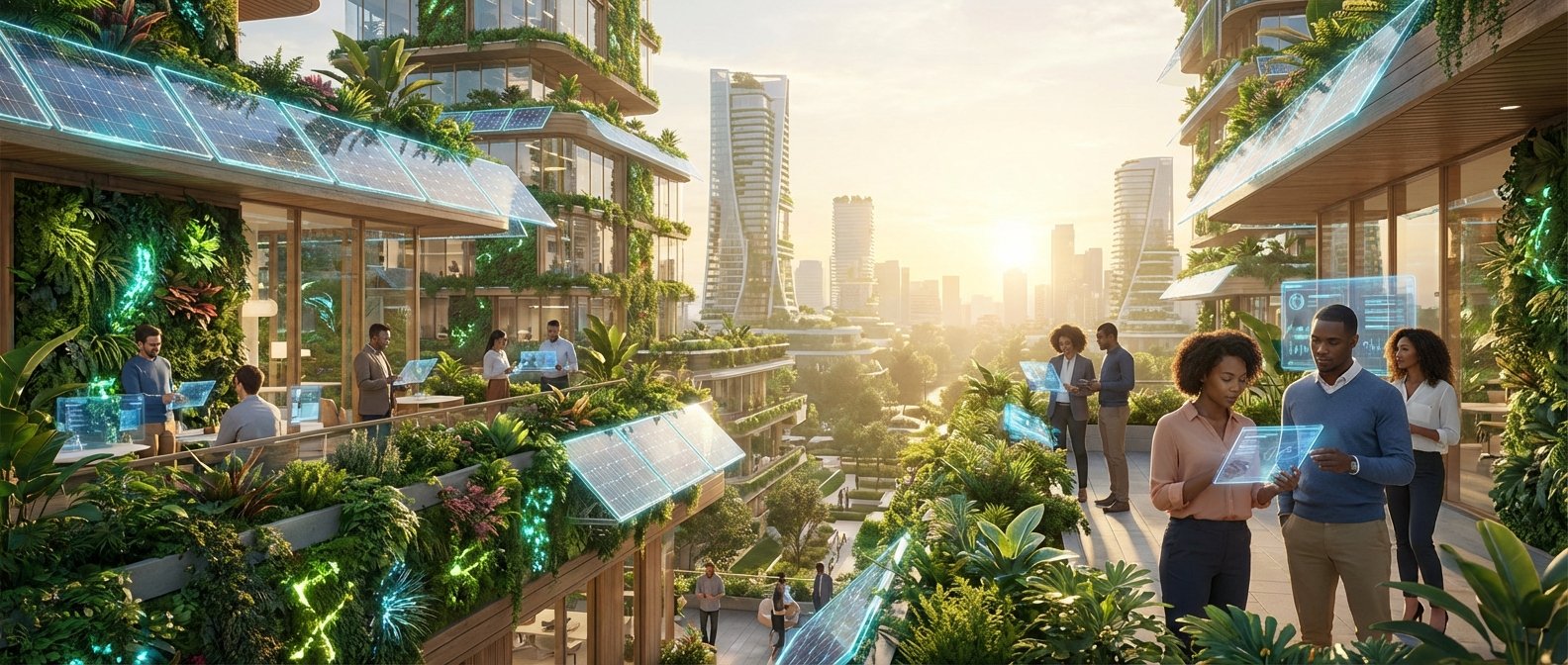 Varias personas interactúan con pantallas holográficas en balcones ajardinados con paneles solares, formando parte de edificios verdes en una ciudad futurista y sostenible al atardecer.