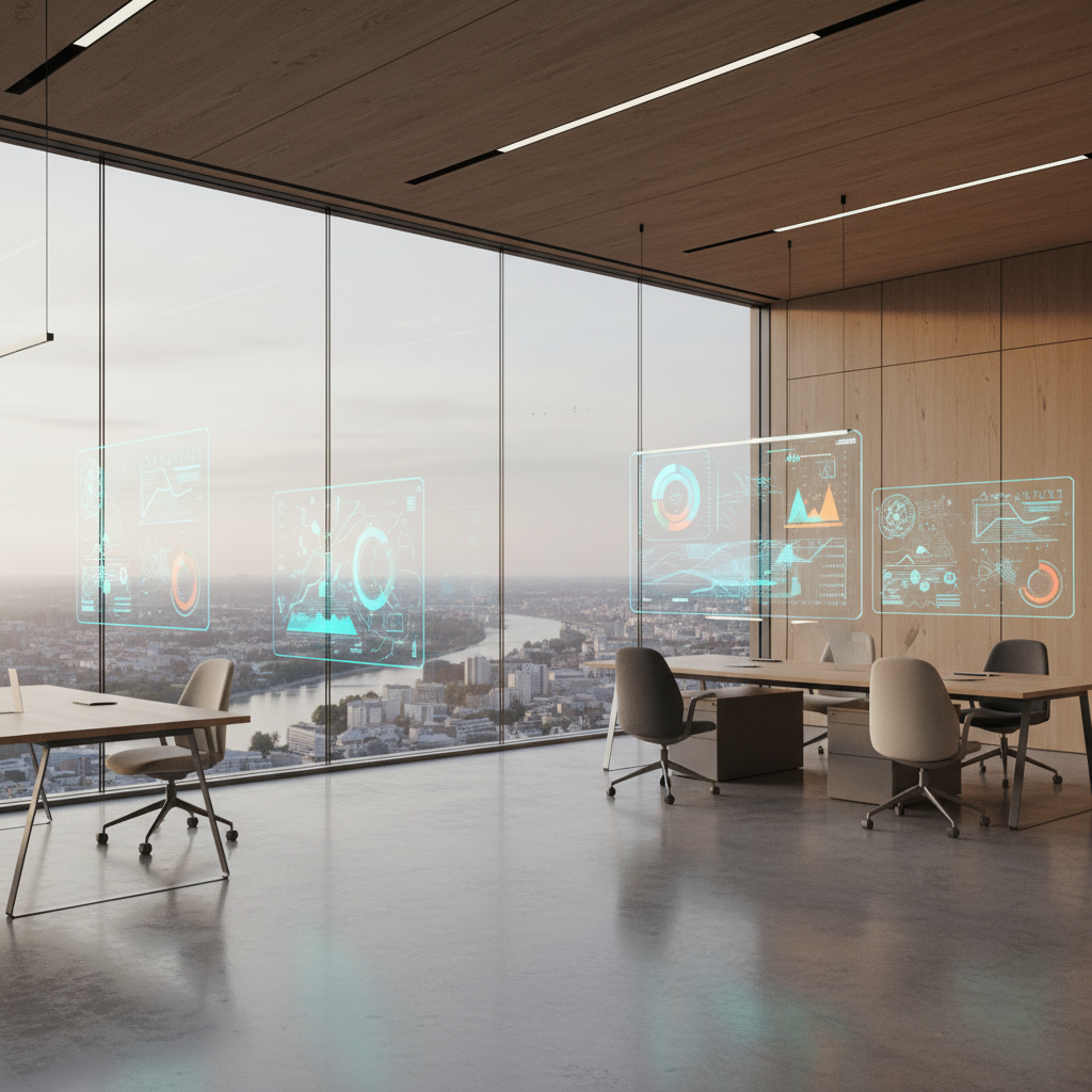 Oficina moderna y luminosa con amplios ventanales que ofrecen vistas panorámicas a una ciudad con un río, equipada con escritorios y sillas de oficina. Varias pantallas holográficas con gráficos de datos flotan frente a los ventanales.