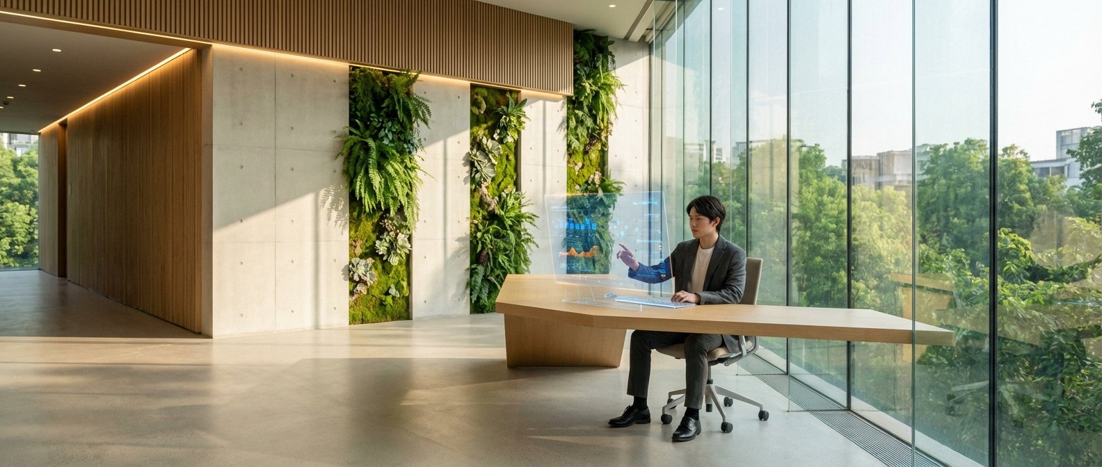 Un joven interactúa con una pantalla holográfica transparente en una moderna oficina con jardines verticales en las paredes de hormigón, paneles de madera y grandes ventanales con vista a árboles.