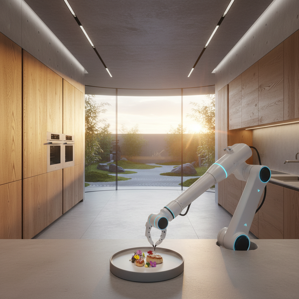 Brazo robótico de chef emplatando un plato gourmet con flores comestibles en una cocina moderna de madera y hormigón, con vista a un jardín al atardecer.
