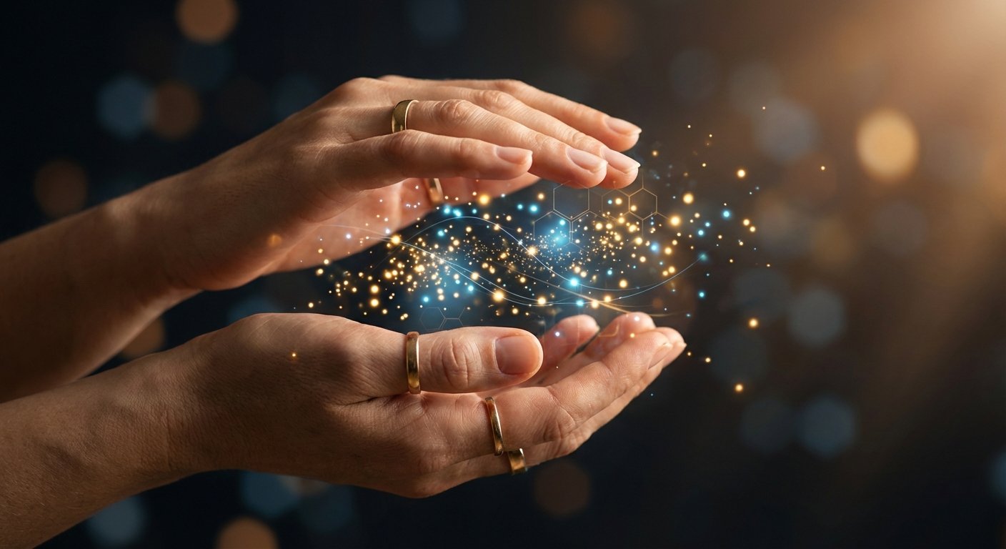 Manos humanas con anillos dorados, sosteniendo una esfera de energía brillante compuesta por partículas de luz doradas y azules, líneas onduladas y patrones hexagonales. El fondo oscuro presenta luces bokeh.