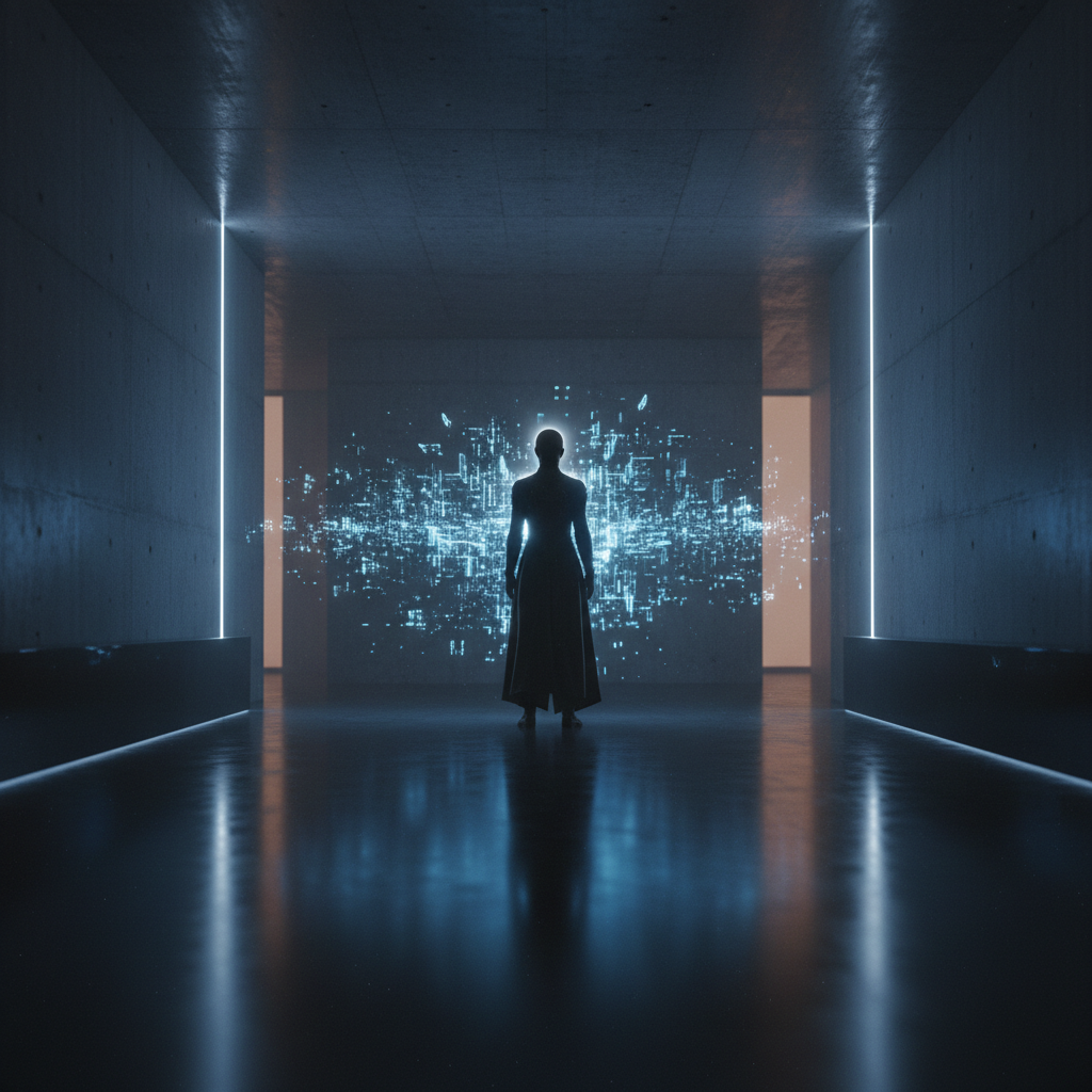 Silueta de una persona de pie en un pasillo oscuro con luces de neón azules, frente a una explosión de datos digitales luminosos.