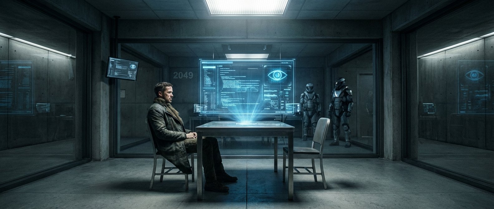 Ryan Gosling como K sentado en una sala de interrogatorio futurista de concreto y cristal, observando una pantalla holográfica azul que proyecta datos y el símbolo de un ojo. Detrás del cristal, dos figuras con armaduras futuristas custodian la sala.