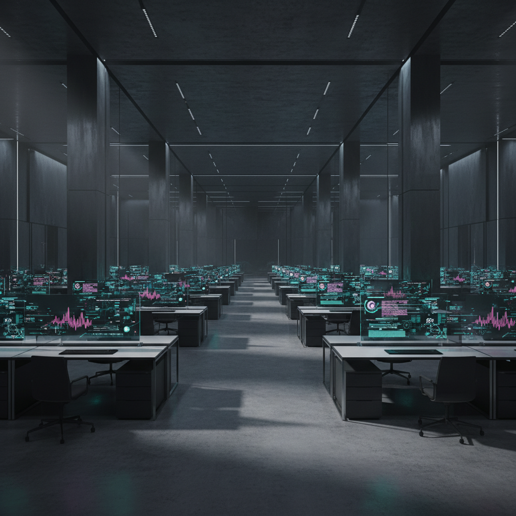 Una gran sala de servidores o centro de datos con múltiples filas de escritorios y sillas de oficina, equipados con monitores transparentes que muestran gráficos y datos digitales futuristas en tonos azul y rosa. El espacio es oscuro y tiene una iluminación tenue, creando una atmósfera de alta tecnología.