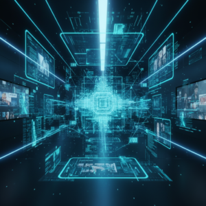 Representación futurista de un entorno digital con un núcleo central luminoso, líneas de datos interconectadas y múltiples pantallas virtuales en tonos azules cian, mostrando información, gráficos y contenido multimedia.