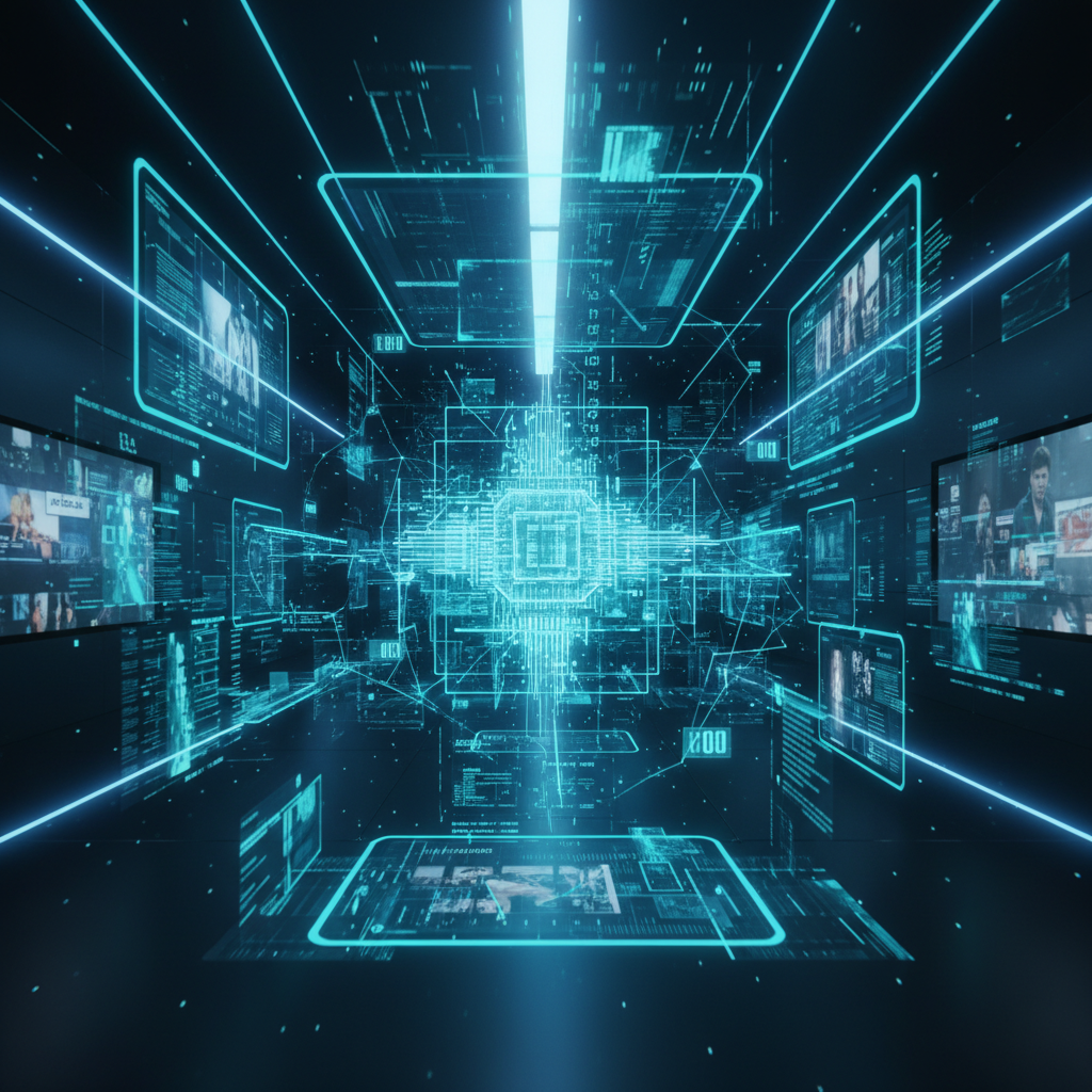 Representación futurista de un entorno digital con un núcleo central luminoso, líneas de datos interconectadas y múltiples pantallas virtuales en tonos azules cian, mostrando información, gráficos y contenido multimedia.