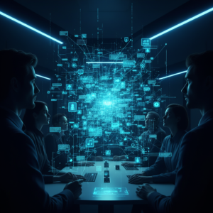 Una mujer con gafas, auriculares y una camisa azul sonríe mientras trabaja con un ordenador portátil en un entorno de oficina.