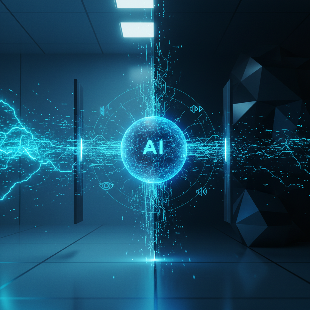 Una esfera azul brillante con las letras 'AI' en el centro de una compleja red digital, rodeada de iconos y flujos de datos luminosos. La escena futurista muestra líneas de energía y datos en un entorno tecnológico oscuro.