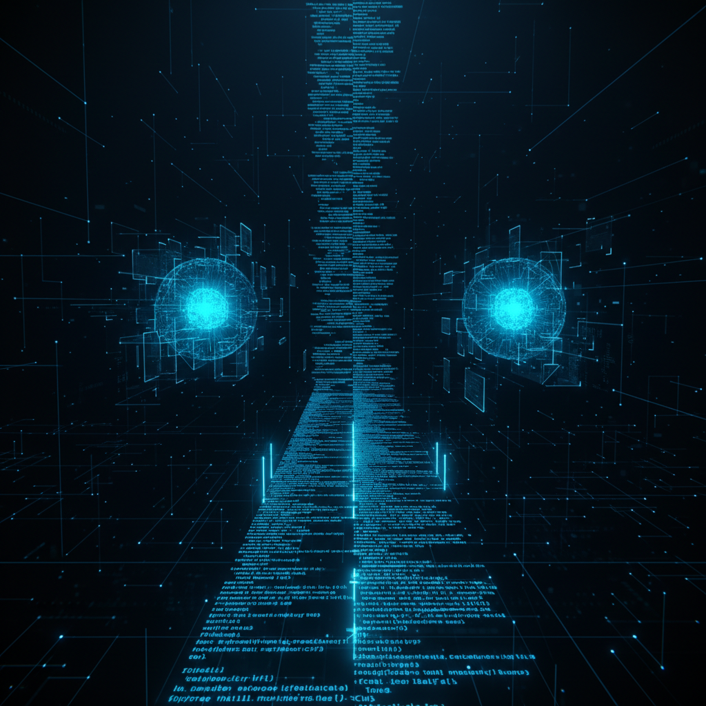 Entorno digital oscuro con una ruta de código azul brillante, flanqueada por dos esferas de datos luminosas y una red interconectada.