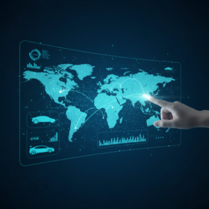 Manos escribiendo en un teclado de portátil mostrando gráficos de marketing digital y análisis SEO en la pantalla.