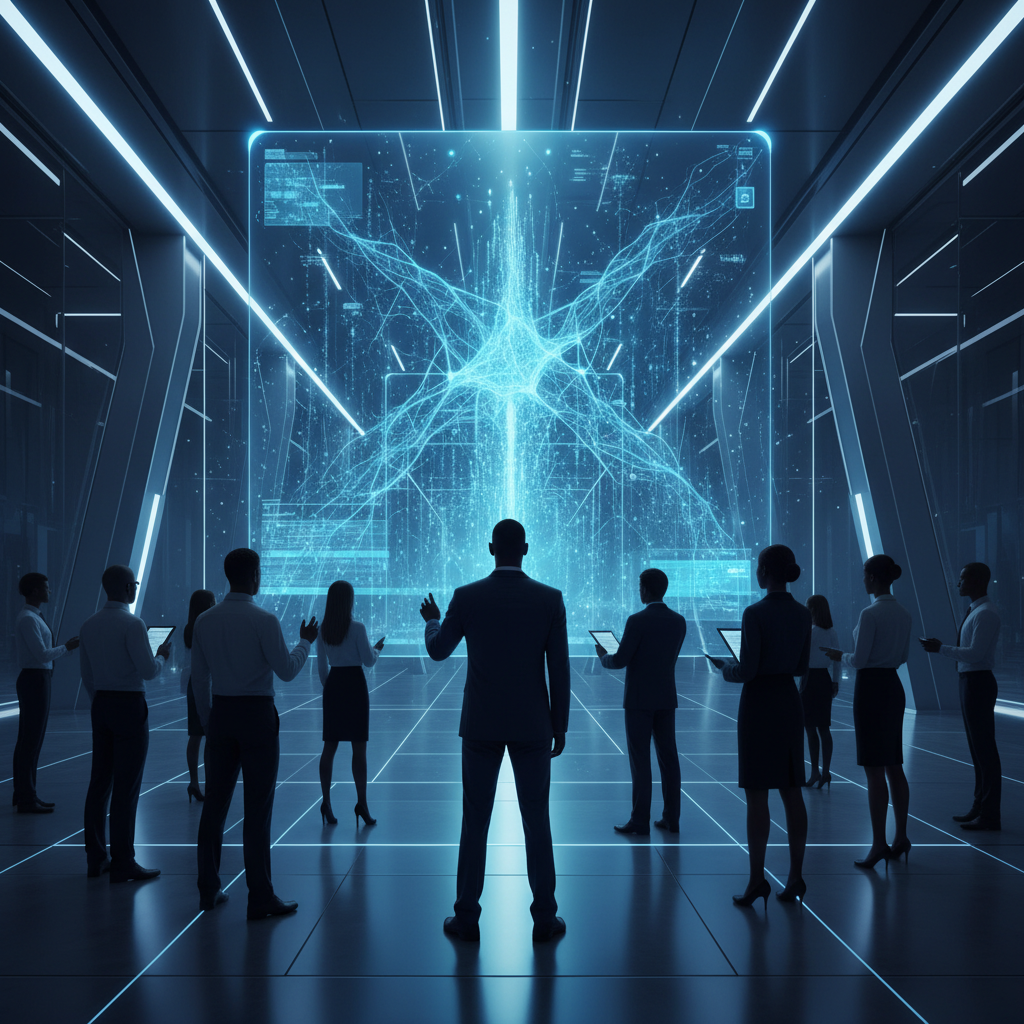 Un grupo diverso de profesionales colabora alrededor de una gran mesa en una sala de reuniones moderna y soleada, mirando la pantalla compartida de un portátil.