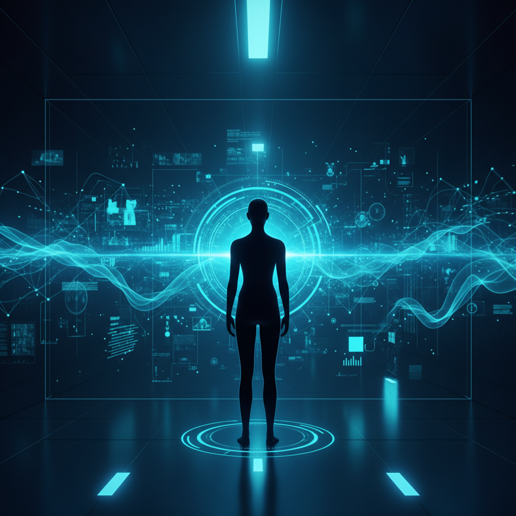 Vista aérea de un ordenador portátil abierto sobre una mesa de madera con un teclado y ratón inalámbricos, un smartphone, una taza de café, bolígrafos, un cuaderno y gafas.