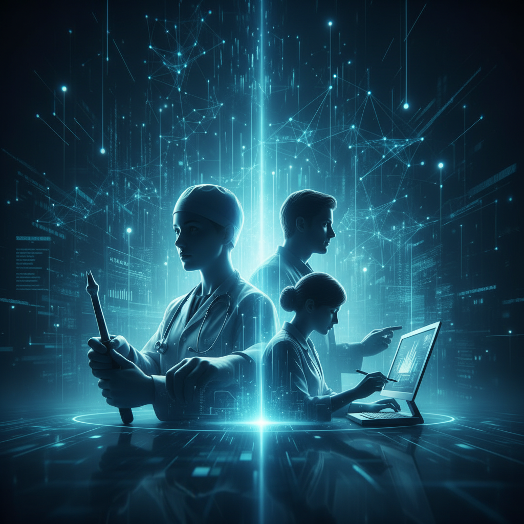 Persona concentrada trabajando en un portátil con material de oficina en un escritorio moderno.