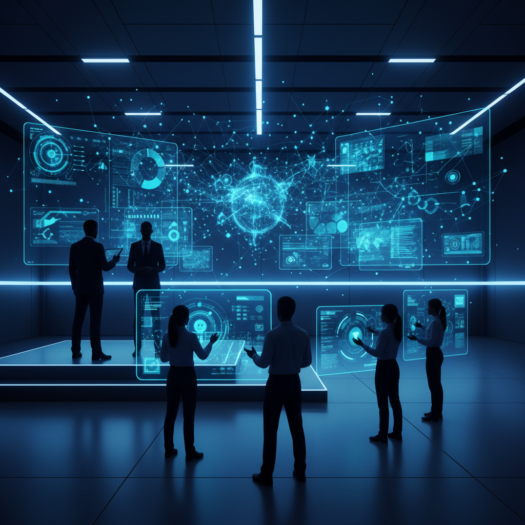 Siluetas de profesionales interactuando con grandes pantallas holográficas que muestran visualizaciones de datos, gráficos y redes en una sala futurista de tecnología.