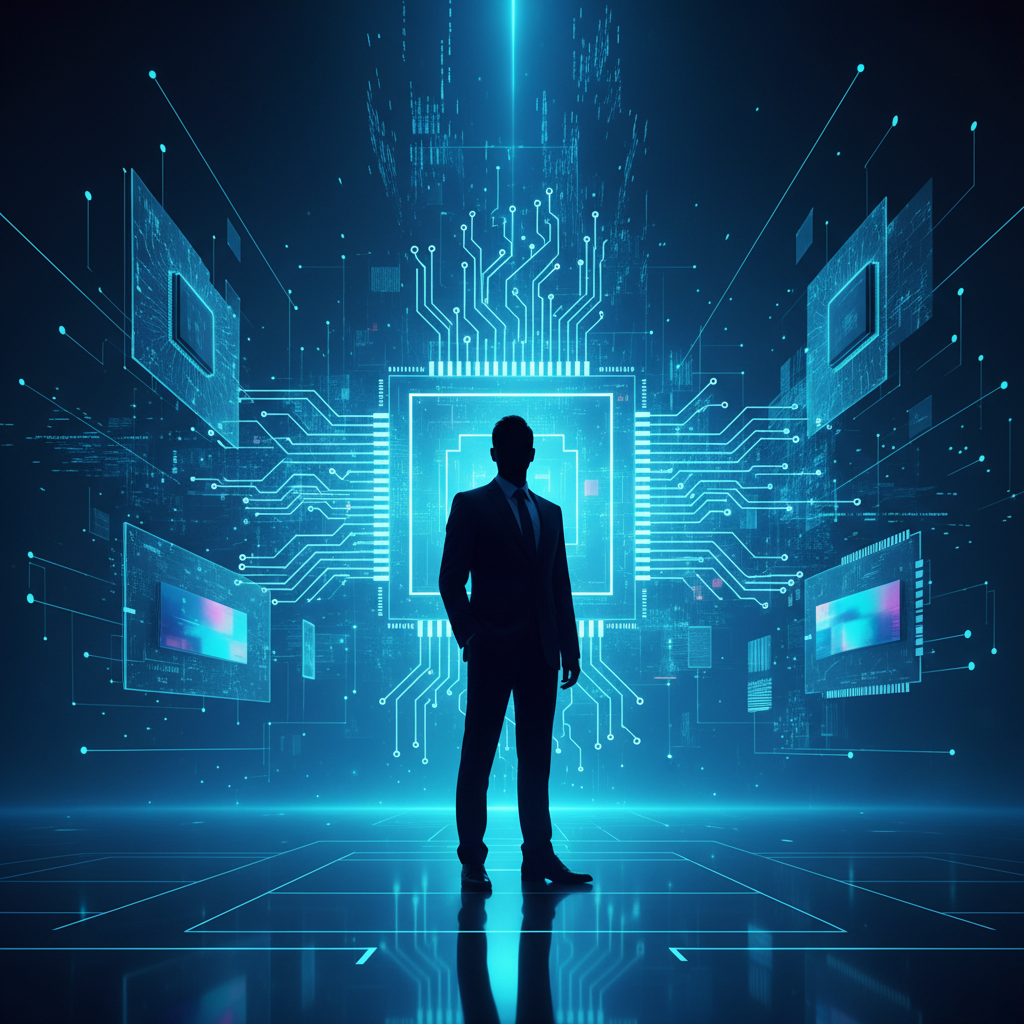 Hombre barbudo sosteniendo una tableta sonriendo y usando un lápiz óptico frente a un fondo azul degradado.