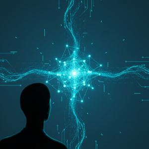 Joven sonriente con gafas y camisa de cuadros trabajando en un portátil en oficina moderna con estanterías y plantas.