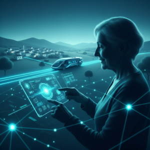 Una mano sostiene un smartphone moderno con pantalla táctil que muestra un feed de contenido o noticias de una aplicación.