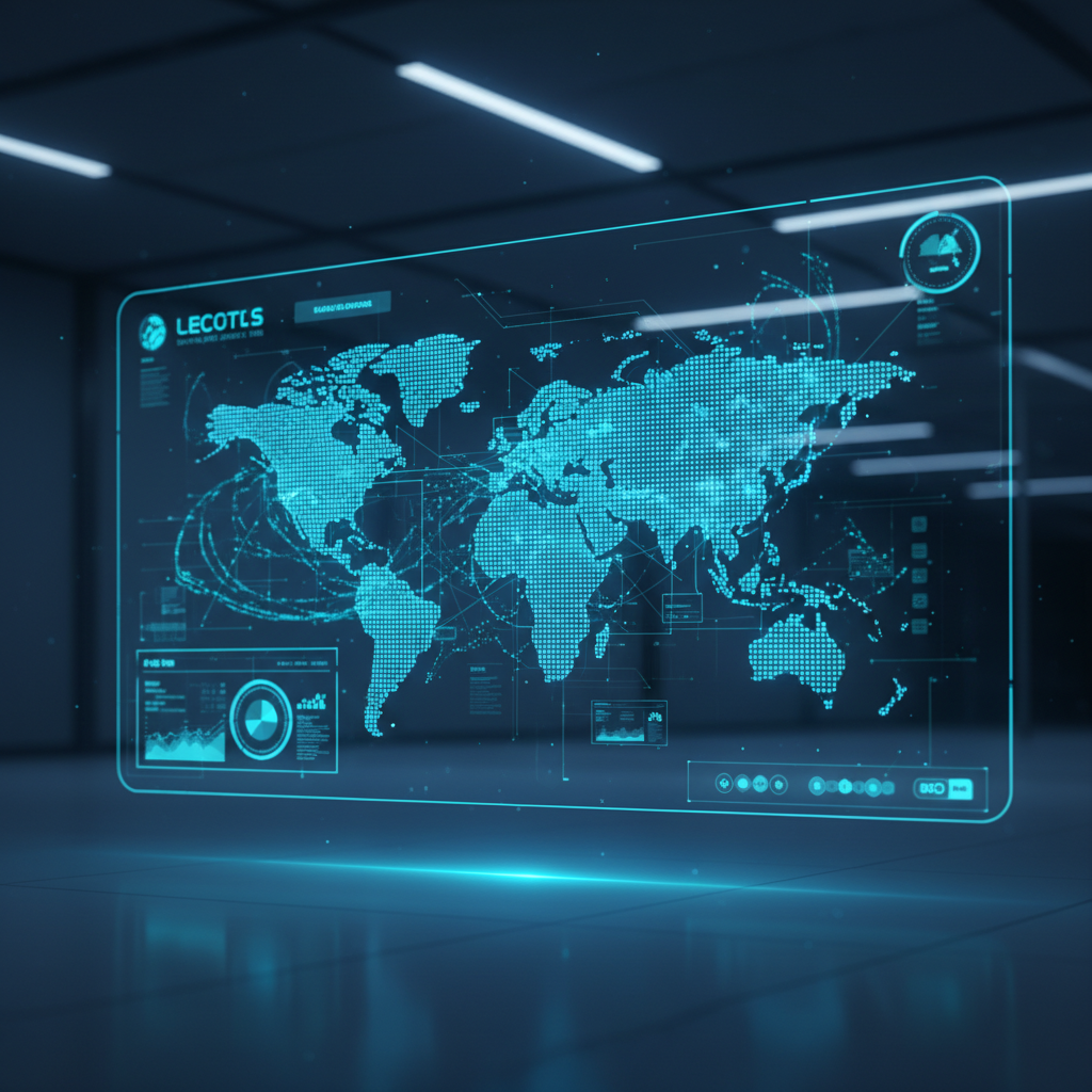 Pantalla holográfica transparente con un mapa mundial digital azul brillante hecho de puntos, mostrando visualizaciones de datos, gráficos y texto en un entorno oscuro y futurista.