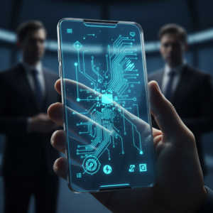 Un grupo de personas diversas sentadas alrededor de una mesa de reuniones, utilizando ordenadores portátiles y tomando notas, en un espacio de trabajo moderno y colaborativo con estanterías al fondo.