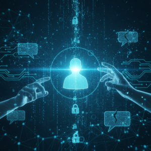 Pantalla de laptop mostrando un panel de control de Google Analytics con gráficos de tráfico web y métricas de usuario, con una mano en el trackpad.