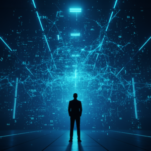 Una mujer joven sonriendo y señalando una pantalla de ordenador portátil que muestra un gráfico de barras, mientras un compañero la observa en un entorno de oficina moderna.