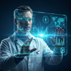 Grupo de profesionales diversos colaborando en una mesa redonda en una sala de reuniones moderna con una pantalla mostrando gráficos.