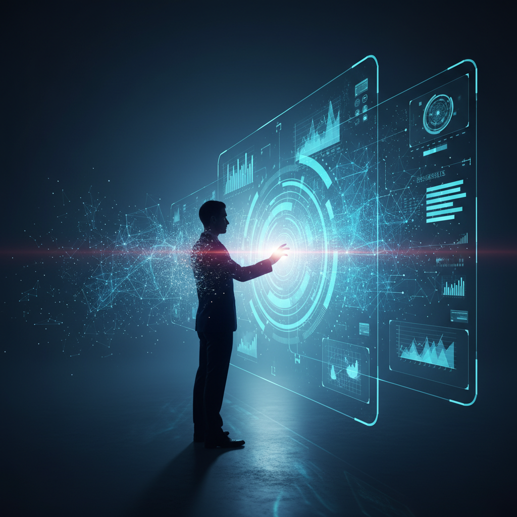 Hombre barbudo de perfil izquierdo sosteniendo una tablet con la mano izquierda y un bolígrafo en la derecha, señalando la pantalla en un entorno profesional desenfocado.