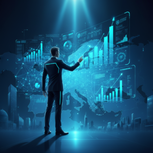 Persona trabajando en un ordenador portátil con gráficos y datos en pantalla.