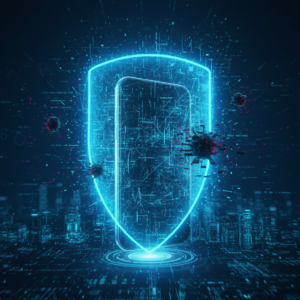 Una mujer sostiene un dispositivo con una pantalla de código de programación en un entorno oscuro, con reflejos azulados en su rostro y gafas.