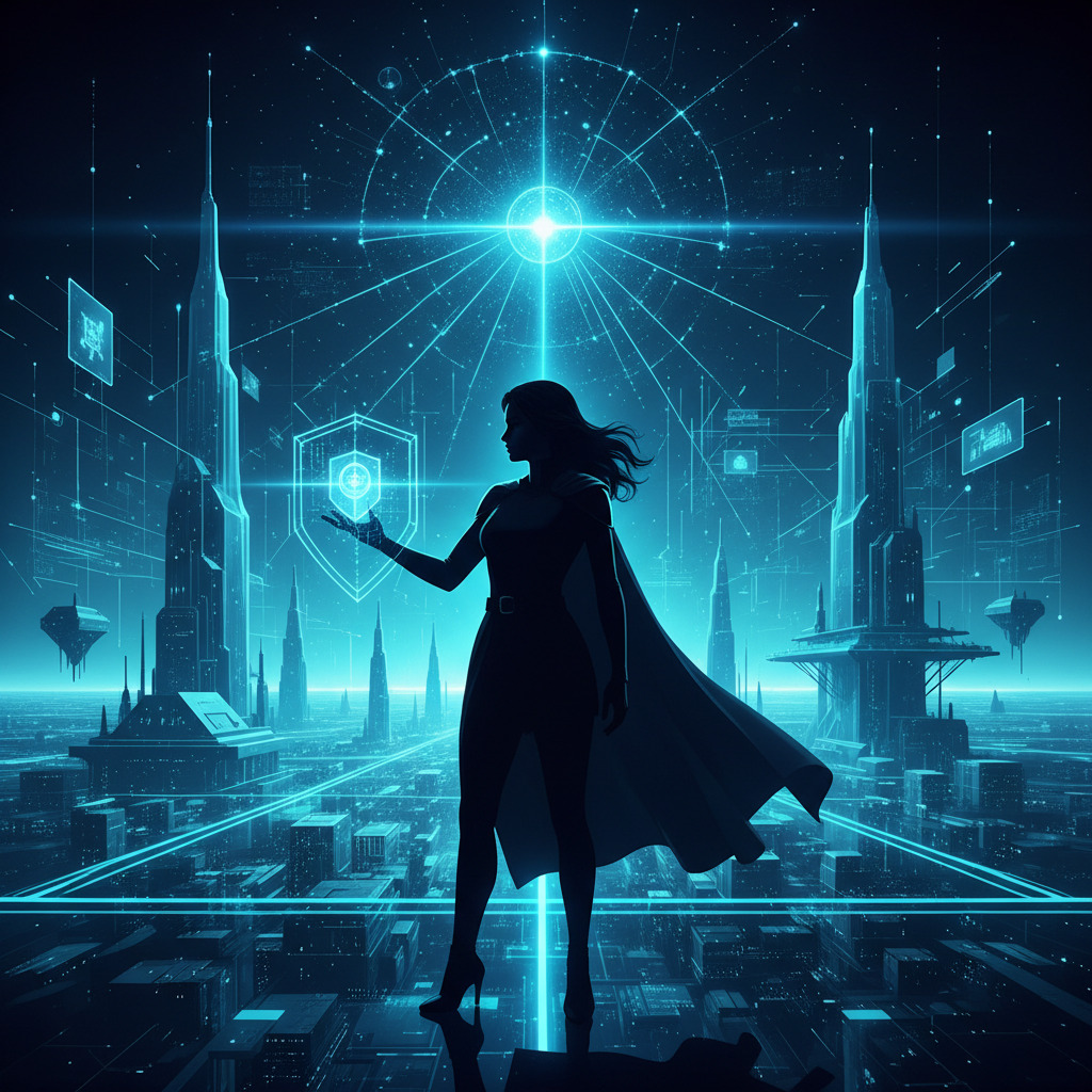 Un paisaje urbano moderno al atardecer, con rascacielos iluminados y un cielo teñido de tonos naranjas y morados.