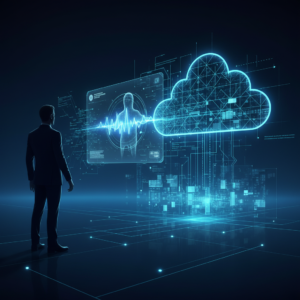 Grupo diverso de profesionales en una reunión de negocios, sentados alrededor de una mesa moderna con laptops y documentos, colaborando activamente.