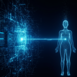 Primer plano de un ojo humano, mostrando el iris azul-verde con texturas detalladas, patrones radiales y una pupila negra.